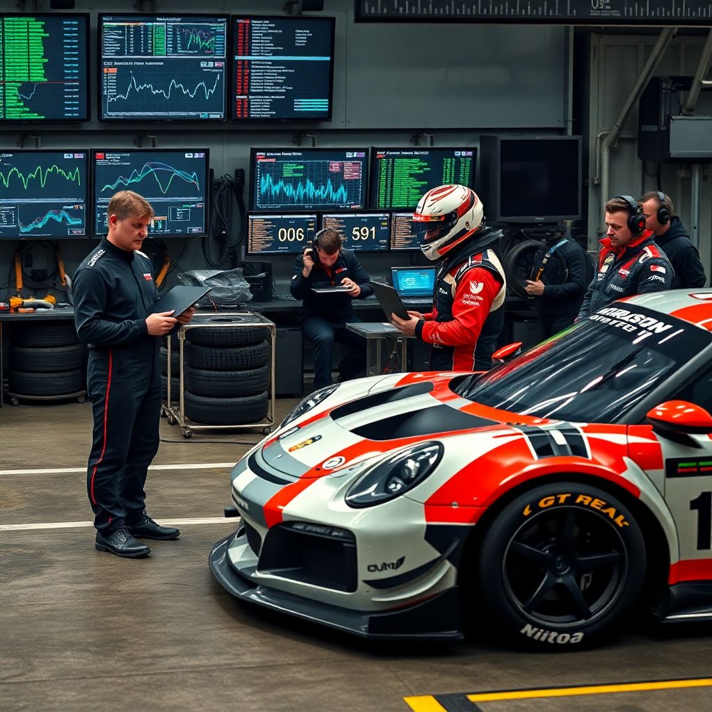 Работа гоночной команды: инженер, механик и стратег с телеметрией ведут пилота к успеху
