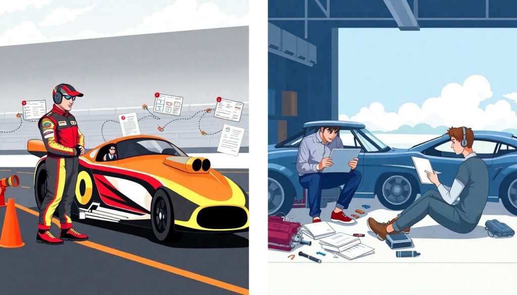 Подготовка к старту в драг-рейсинге: техника реакции, прогрев резины и работа с треком - иллюстрация